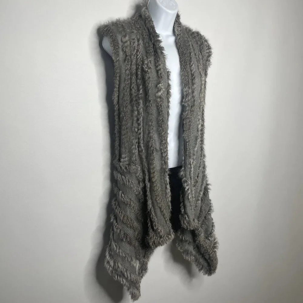 💜 3/$30 Gray Knit Angora Rabbit Fur Asymmetric Open Front Cardigan Sweater - Picture 3 of 8